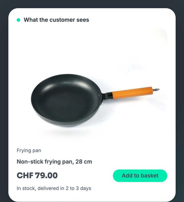Autobasket hero card, front: a non-stick frying pan at CHF 79.00 with an Add to basket button