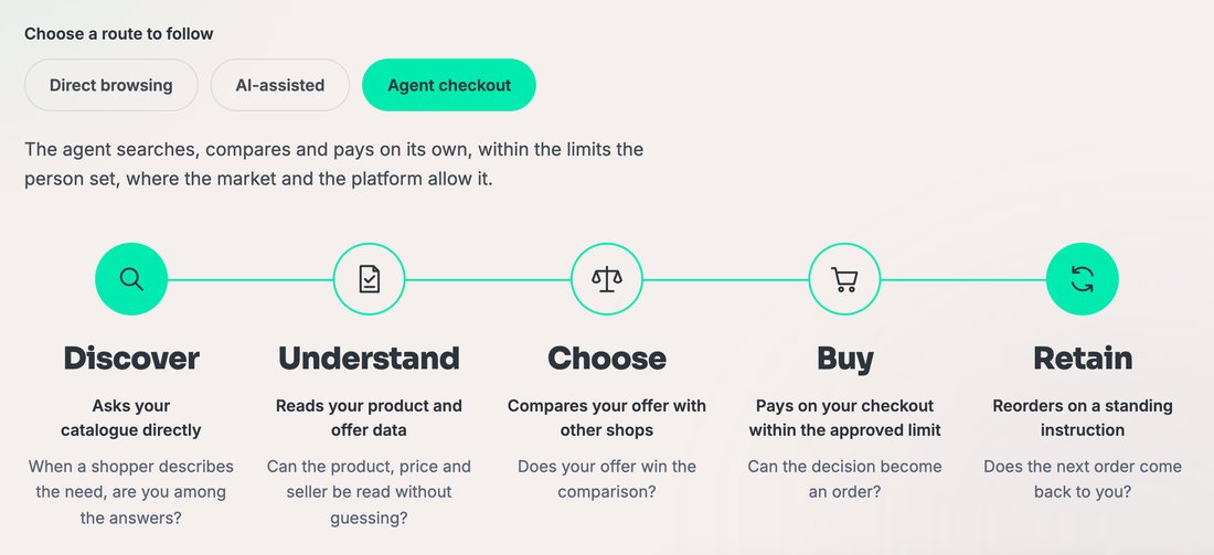 Autobasket route selector set to Agent checkout, showing the five stages Discover, Understand, Choose, Buy and Retain