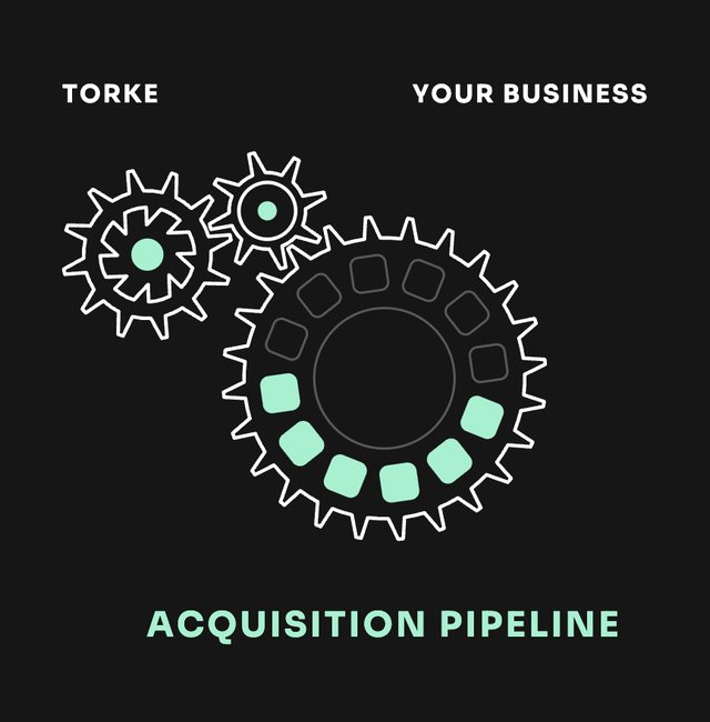 Torke home drawing: two small gears drive a large wheel whose account cells light up in aquamarine